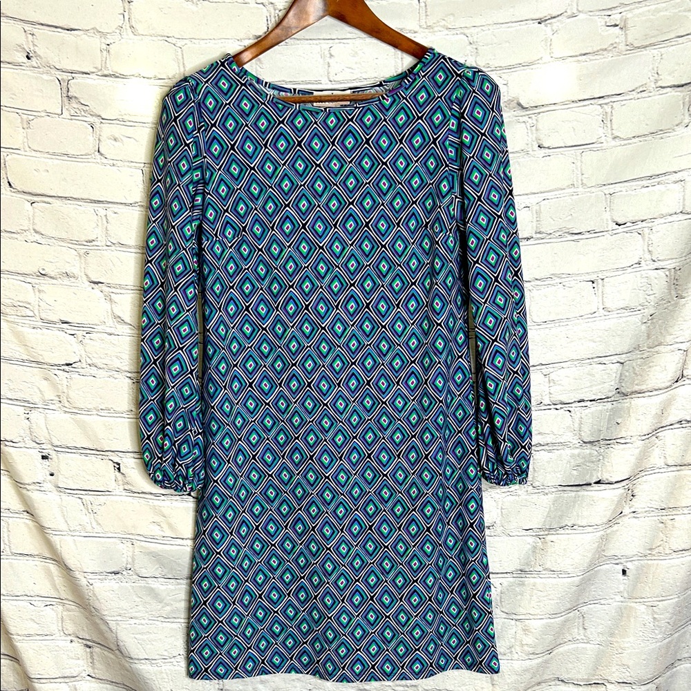Jude Connally Navy Blue Geometric Patterned Dress Size Small Excellent Condition